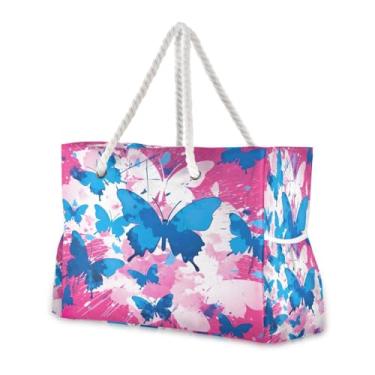 Imagem de Wassud Bolsa de praia azul borboletas grandes bolsas de praia para mulheres, impermeável, à prova de areia, bolsa de viagem com zíper e bolso para piscina, academia, acampamento