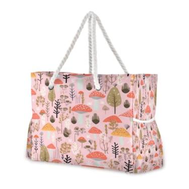 Imagem de Wassud Bolsa de praia grande com cogumelos desenhados à mão, bolsa de praia para mulheres, impermeável, à prova de areia, bolsa de viagem com zíper e bolso para piscina, academia, acampamento