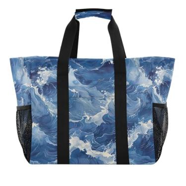 Imagem de Wassud Sacolas de compras reutilizáveis Blue Waves grande bolsa organizadora de lona impermeável para praia, piquenique, lavanderia, viagem