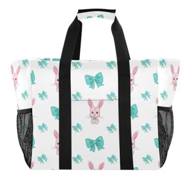 Imagem de Wassud Coelhinhos com laços azul-petróleo reutilizáveis bolsa grande bolsa de lona impermeável organizador para praia, piquenique, lavanderia, viagem