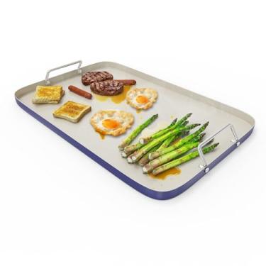 Imagem de SafBbcue Frigideira de queimador duplo de 50,8 cm x 33 cm, revestimento de cerâmica antiaderente, para churrasqueira a granulado a gás ao ar livre, churrasqueira a carvão com topo de fogão, para