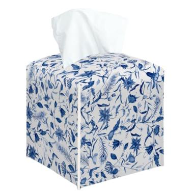 Imagem de Capa quadrada de caixa de lenços de flores azuis em aquarela, suporte de caixa de lenços decorativo floral para quarto, banheiro, cozinha, escritório, bancada, organizador de papel facial de couro -22