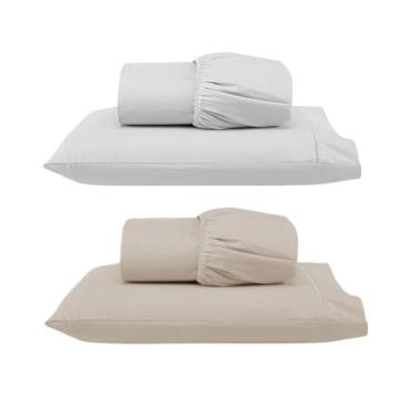 Imagem de Kit 2 Jogos de Lençol Solteiro com Elástico e Fronha Bordada em Ponto Palito, 4 Peças em Micropercal 300 Fios 100% Poliéster (2 Jogos Solteiro Versat (Branco/Cáqui))