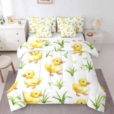 Imagem de Erosebridal Jogo de cama solteiro com estampa de pato amarelo kawaii, 7 peças, animais de fazenda, rústica, animais de fazenda, decoração de quarto de pato desenhado à mão