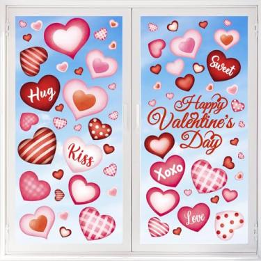 Imagem de 9 folhas de adesivos para janela de coração de dia dos namorados vermelho xadrez listrado pontos amor janela decalques casa loja vidro display adesivos decoração casamento aniversário festa