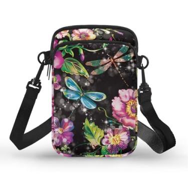 Imagem de CLOHOMIN Bolsa transversal para celular, mini bolsa tiracolo feminina e masculina com bolsos com zíper, Flores de libélula