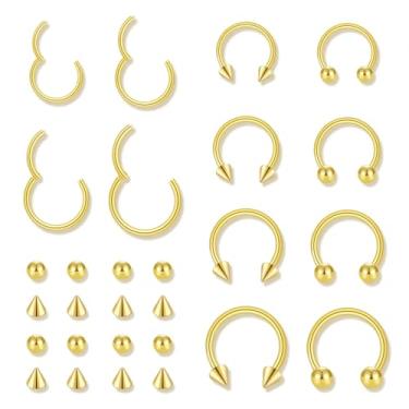 Imagem de Tucnoeu 12 peças anel de septo dourado 16G anéis de nariz de septo argola de ferradura 6-12 mm com bolas de substituição 3 mm para brinco sobrancelha tragus lábio piercing bolas e pontas