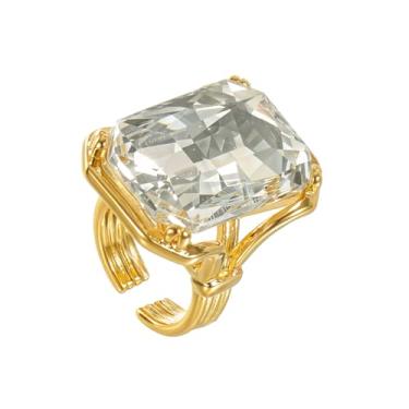 Imagem de Anel de coquetel retangular com strass brilhante, anel ajustável para mulheres, moderno, geométrico, transparente, cristal, grosso, aberto, anéis, noivado, casamento, compromisso, festa, formatura