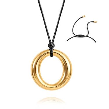 Imagem de PEARLADA Colar de cordão preto Boho com pingente grande, colar redondo de ouro grosso, joia geométrica ajustável