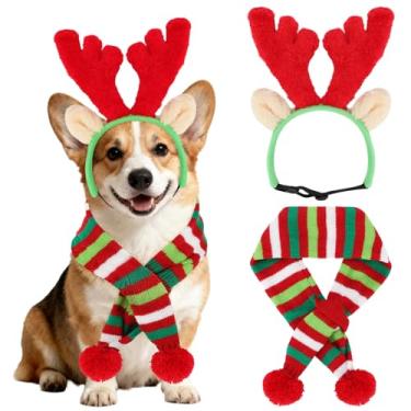 Imagem de BWOGUE Cachorro Rena Natal Alce chifres Faixa de cabeça e Vermelho-Branco-Verde Conjunto de Lenço Listrado Pet Fantasia de Natal Cachorro Fantasias Acessórios para Cães e Gatos
