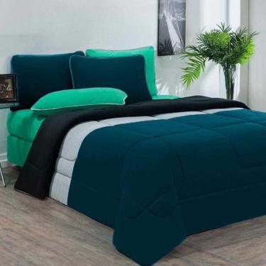 Imagem de Kit Edredom Malha 100% Algodão Urbano 2 Peças Solteiro - Azul Petroleo/Mescla/Preto