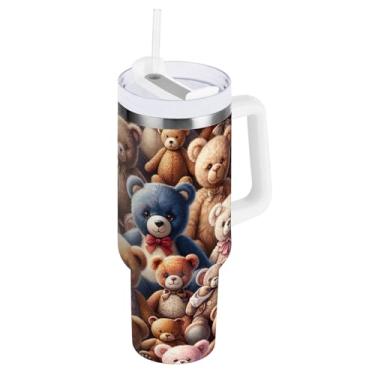 Imagem de ODAWA Copo de copo com isolamento marrom Large Bears com canudo e alça, copos com isolamento duplo