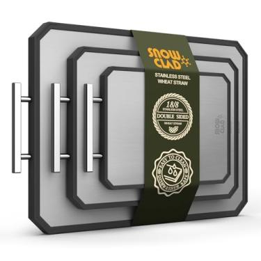 Imagem de Tábua de corte extragrande, conjunto de tábuas de corte de aço inoxidável dupla face para cozinha, tábua de corte de aço inoxidável/palha de trigo para carne, pode ser lavada na lava-louças [51 x 30 x