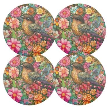 Imagem de Conjunto de 4 tapetes florais de jardim, à prova de calor, 38 cm, jogo americano redondo de PVC, para mesa de jantar, mesa de cozinha