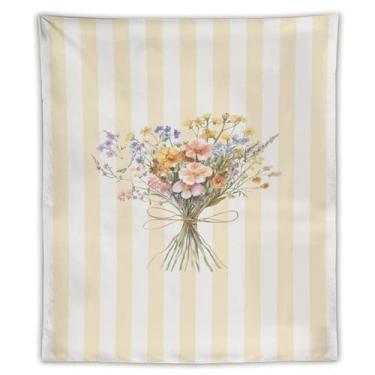 Imagem de Tapeçaria de parede boho buquê de flores silvestres vintage bege listrado decoração botânica casa de campo tecido estético para pendurar para quarto, dormitório, espaço de estar, apartamento