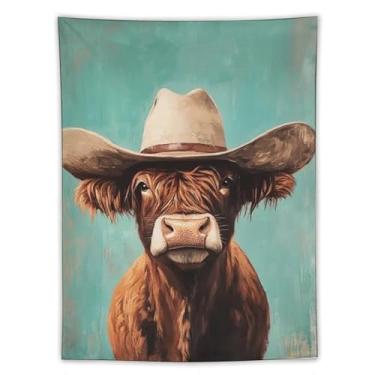 Imagem de Tapeçaria de parede de vaca Highland em chapéu de cowboy decoração rústica ocidental fundo azul-petróleo arte animal de fazenda para sala de estar quarto aconchegante estilo country decoração