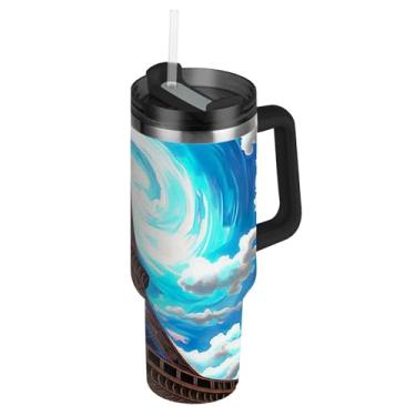 Imagem de Copo térmico com tampa e canudo da Torre Eiffel Blue Skies Clouds, copo térmico de 850 g com alça, garrafas de água, isolado, aço inoxidável, caneca de café quente para carros