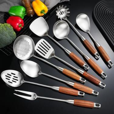 Imagem de NIITAWH Conjunto de utensílios de cozinha em aço inoxidável 304 com cabo de madeira para cozinhar 9 peças com colher sólida, escumadeira, garfo, espátula, concha, escumadeira, escumadeira, c