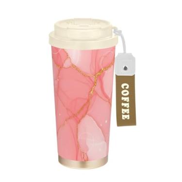 Imagem de Copo de café de viagem 473 ml com canudo e tampa, copo de café de aço inoxidável à prova de vazamento para escritório, escola, festa, acampamento, textura listrada rosa