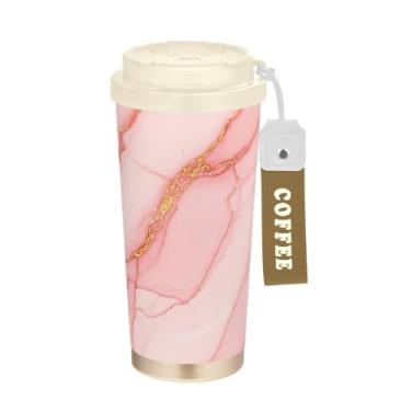 Imagem de Caneca de viagem de café 16+ Oz, copo de café com revestimento cerâmico com canudo e tampa, copo isolado a vácuo de aço inoxidável, elegante mármore rosa dourado
