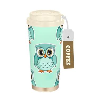 Imagem de TSENQUE Caneca de café de viagem 40 ml com canudo e tampa, revestimento cerâmico, isolada a vácuo, caneca de café de aço inoxidável à prova de vazamento, lindas corujas de desenho animado turquesa