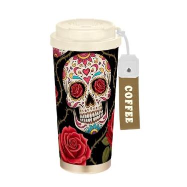 Imagem de Caneca de viagem de café 40 ml com canudo e tampa, revestimento cerâmico, isolada a vácuo, caneca de café de aço inoxidável à prova de vazamento, caveiras rosas vermelhas vintage