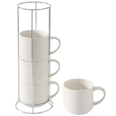 Imagem de HASENSE Conjunto de 4 canecas de café empilháveis, canecas de café de 425 g, canecas de café de cerâmica com rack, xícaras de café de porcelana para latte, cacau, americano, chá quente e leite