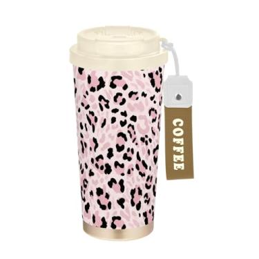 Imagem de TSENQUE Caneca de café de viagem 40 ml com canudo e tampa, revestimento cerâmico isolado a vácuo copo de café de aço inoxidável à prova de vazamento, estampa de leopardo chique bege rosa