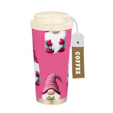 Imagem de TSENQUE Copo de café de viagem de 473 ml com tampa de canudo e filp, copo de café de aço inoxidável isolado a vácuo à prova de vazamento, lindo desenho rosa de gnomo