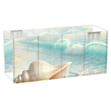 Imagem de TSENQUE Porta-canetas fofas de concha do mar costeiro para mesa com desenho animado para canetas, pincéis de maquiagem de acrílico, porta-copos