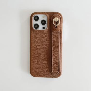 Imagem de IRTGFG Capa de couro com alça de pulso e estampa luxuosa para iPhone 15 (para iPhone 15/marrom escuro)