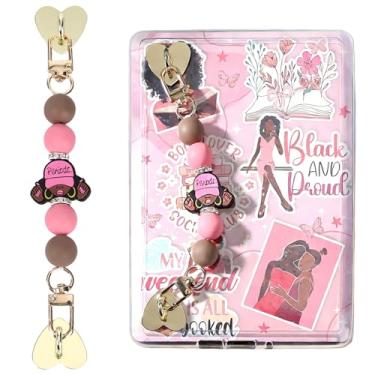 Imagem de LuneClat Pulseira de silicone com contas para Kindle - Alça de mão marrom E-Reader com meninas negras, corrente de aderência para Kindle Charm, presente de livros para amantes de e-books acessórios de