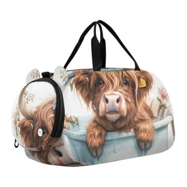 Imagem de Bolsa esportiva de vaca Highland para meninos e meninas de fim de semana com compartimento para sapatos