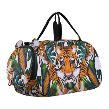 Imagem de Bolsa esportiva para meninos de fim de semana para noite com caras fofas de coala, amarelo claro, bolsas de viagem para meninas, compartimento para sapatos, Folhas tropicais Tigers, Clássico