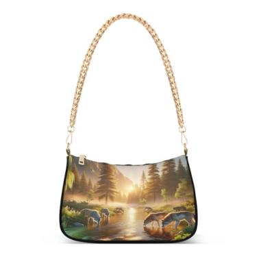 Imagem de Wolves River Forest Sunrise Bolsa de ombro com corrente, bolsa de mão artística Hobo para mulheres, bolsa média clutch para uso diário e noturno