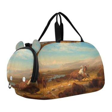 Imagem de Bolsa esportiva para meninos durante a noite Bierstadt Albert Rocky Mountain Sheep Ovis Montana, bolsa de viagem com compartimento para sapatos, Estampa de Albert Bierstadt Last Buffalo, Clássico