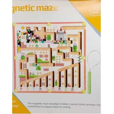 Imagem de Magnetic Maze Brinquedo Educativo, Labirinto Magnético de Madeira com Bolinhas Coloridas, Desenvolvimento de Coordenação Motora para Crianças