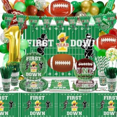 Imagem de Football 1st Birthday Party Supplies, Include First Year Down Banner, Backdrop, Tablecloth, Balloons, Plates, Napkins, Cups and Straws for Boys Baby First Birthday Party Decorations, Severs 20 Guests