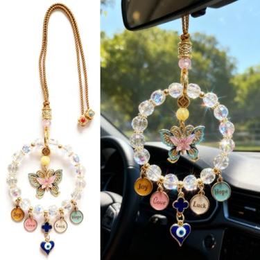 Imagem de RANLONG Acessórios para pendurar espelho de carro Blessed, contas de cristal com borboleta, trevo, pingente de olho turco azul, ornamentos decorativos para pendurar em carro e casa presentes para
