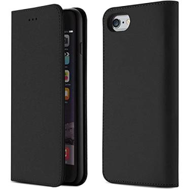 Imagem de MAALYA Capa para Apple iPhone SE 2022 (3ª geração) 4,7 polegadas, carteira de couro genuíno magnética fólio capa de telefone com 2 compartimentos para cartão (Cor: Preto)