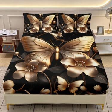Imagem de AILONEN Jogo de cama Queen com borboleta, 3 peças, floral, dourado, macio, para meninas e mulheres, lençol com elástico com 2 fronhas