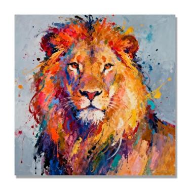 Imagem de NHLDZYH Respingo de tinta leão pintura em tela abstrata arte animal mural vívido chama a atenção para sala de estar decoração de casa moderna. A05. 60 x 60 cm. Apenas tela