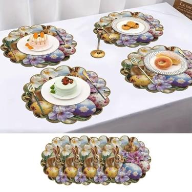Imagem de Conjunto de 4 tapetes redondos laváveis com dois coelhinhos da Páscoa, para casa, cozinha, mesas de jantar e restaurantes, antiderrapante, fácil de limpar