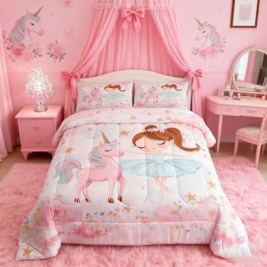 Imagem de Manfei Conjunto de edredom de princesa, tamanho king, unicórnio fofo e bailarina, para crianças, princesa, edredom leve, com 2 fronhas