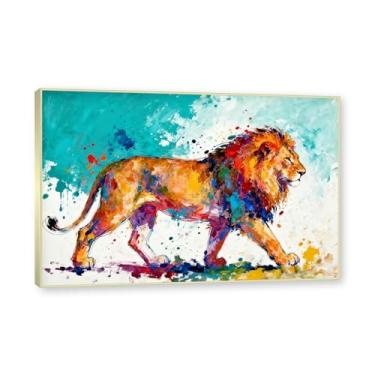 Imagem de NHLDZYH Moldura dourada. Pintura salpicada de leão pintura em tela abstrata arte animal mural vívido chama a atenção para sala de estar decoração moderna para casa. A46. 50 x 75 cm.