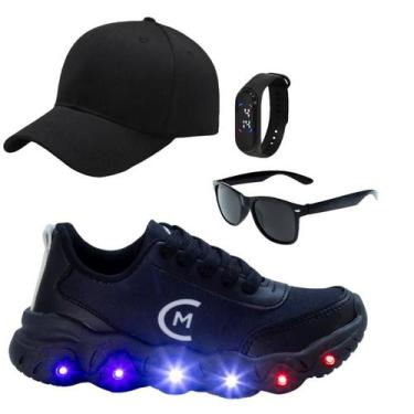 Imagem de Tênis Infantil Led Masculino Jogging Casual Preto Chumbo Fogo +Óculos+