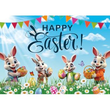 Imagem de Faixa de fundo Happy Easter 20 x 1,5 m céu azul verde gramado colorido ovos de páscoa coelho fotografia de fundo decorações de festa primavera adereços de foto