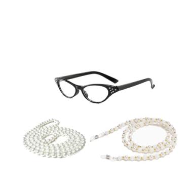 Imagem de NUMJAW Fantasia de senhora para crianças 100º dia de escola, fantasia para meninas, mulheres, fantasia de avó, óculos olho de gato, óculos de senhora com corrente, colar de pérolas falsas, acessório