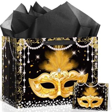Imagem de Woosytoo Saco de presente de carnaval preto para máscaras de baile de máscaras, saco de papel de embrulho com cartão de felicitações, máscara de coroa de carnaval, sacos de lembrancinhas de festa de