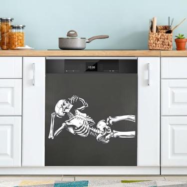 Imagem de xigua Capa magnética engraçada de esqueleto preto para lava-louças, adesivos magnéticos decorativos antiarranhões para painel de geladeira e lava-louças, decoração personalizada de cozinha doméstica